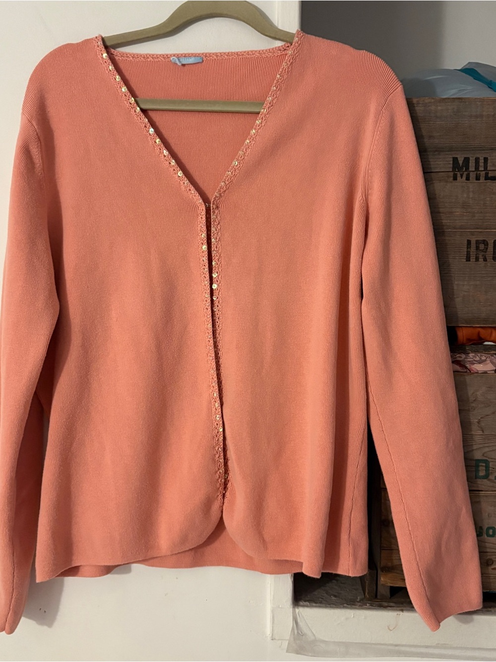 Peach Sequin-Trim V-Neck Cardigan with Eye-Hook Closure Size Large